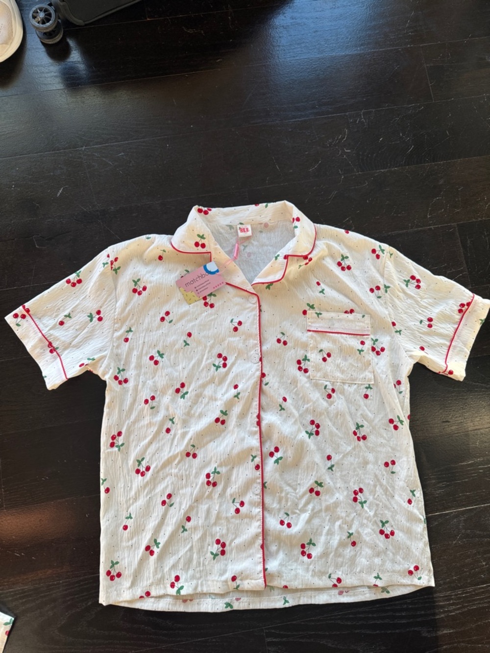 Matchbox Cherry-Print Two-Piece Pajama Set - Cream with Red Trim - Picture 2 of 5